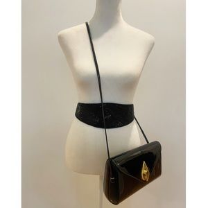 Vintage 80s Black Vegan Patent Leather 3D Crossbody Clutch with Gold Tone Clasp